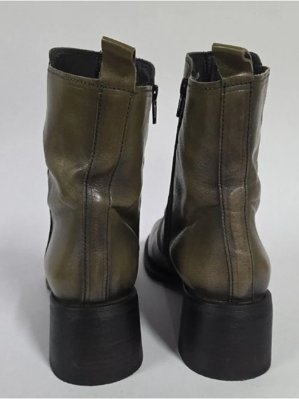 Moma Women’s Italian Leather Agnes Olive Ankle Boots - Side Zipper, Size 9 - 9.5
